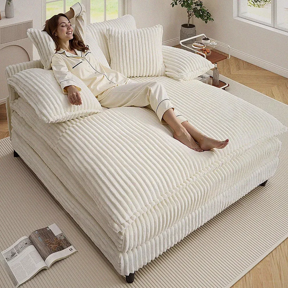 Oversized Chaise Lounge Chair with Adjustable Backrest & 3 Pillows, Beige