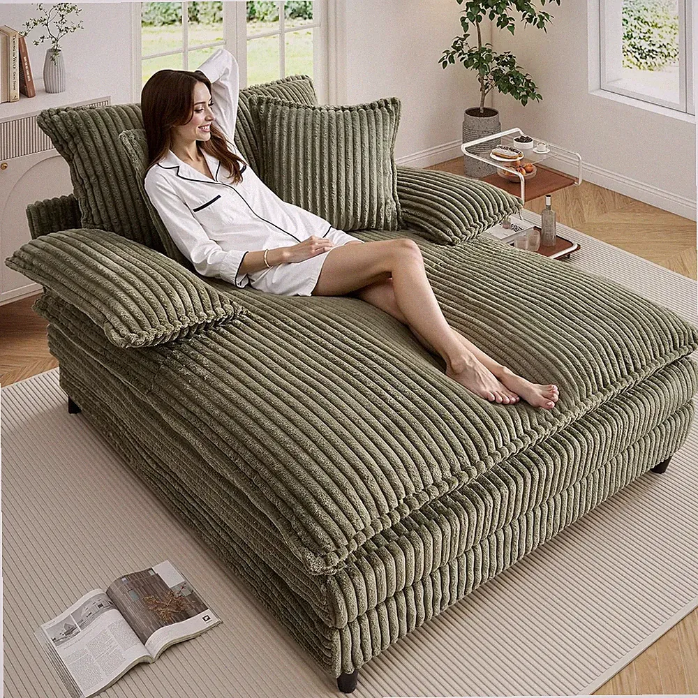 Oversized Chaise Lounge Chair with Adjustable Backrest & 3 Pillows - Green