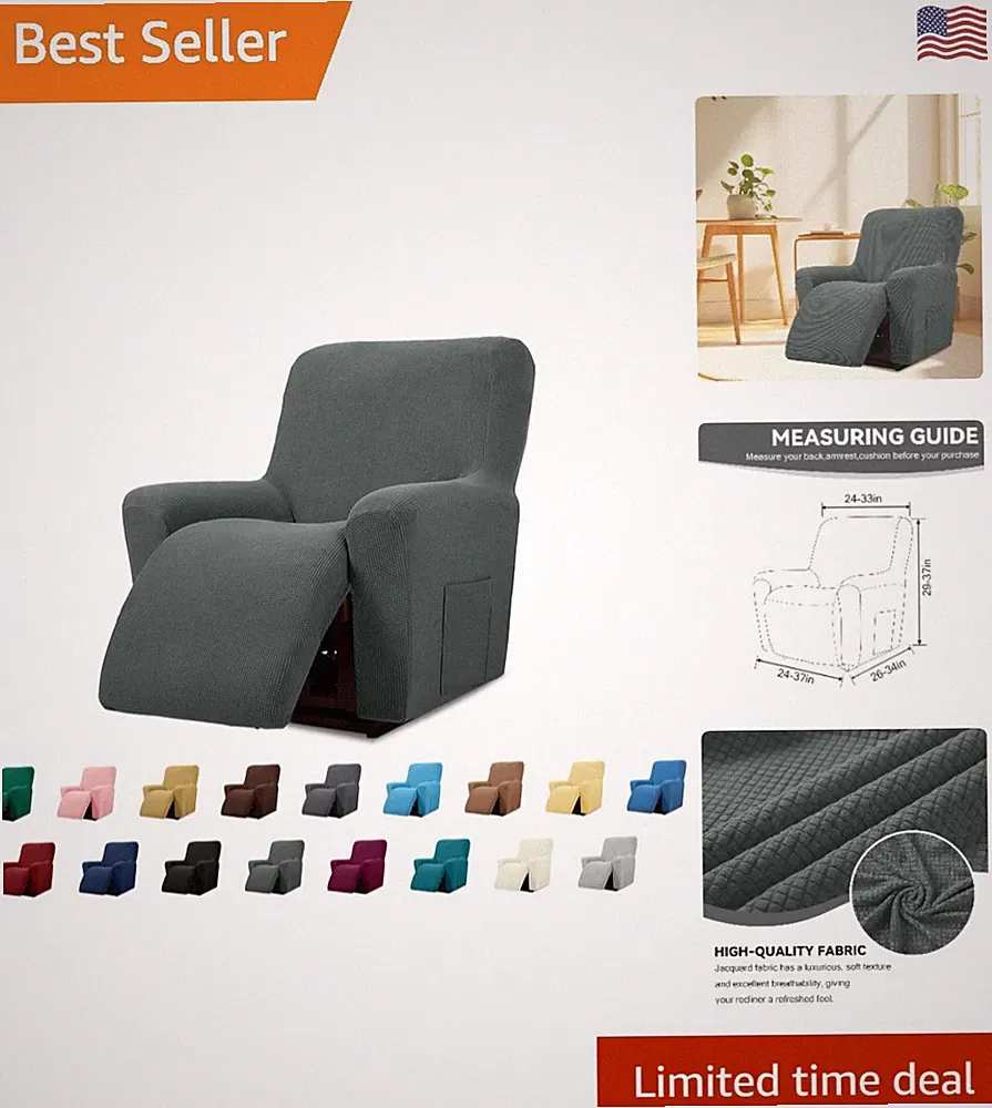 Stretch Recliner Chair Cover with Elastic Bottom - Durable Protection in Grey